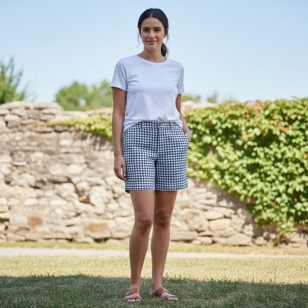16 Women Everyday Plaid Shorts Mid-rise navy blue white chino gingham 7" inseam